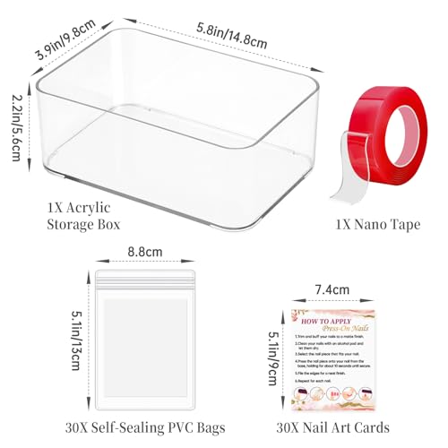 Press On Nail Packaging & Storage Set, 30 PVC Bags, Acrylic Box