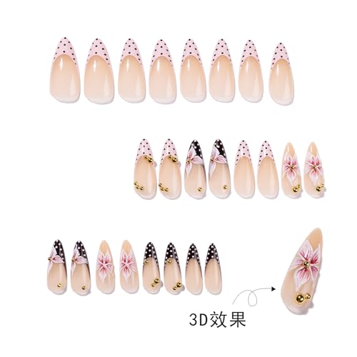 Spring Summer French Press On Nails Medium Almond Fake Nails Flower False Nails With French Polka Dot Desigh Floral Reusable Glossy Stick On Nails Full Cover Glue On Nails For Women Manicure 24Pcs - color: Design-14