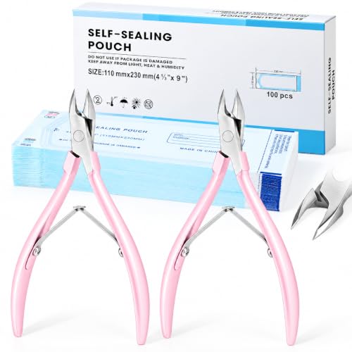 Lothee 2 Pcs 3mm Cuticle Nippers Trimmer with 100 Sterilizer Pouch, Pink - color: Pink