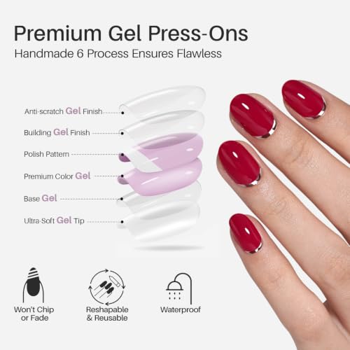 SHANGMENG Press on Nails Oval Short Red Nails with 3D Silver Tail, Soft Gel - color: Crimson Curve