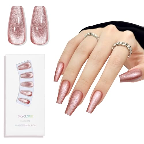 Red Cat Eyes Press On Nails,12 Sizes - 24 Pcs Soft Gel Medium Coffin Fake Nails Kit with Nail Glue, Natural Reusable Stick On False Nails for Women and Girls (Skycloud Red Nails) SK0980 - color: SK0980-Red