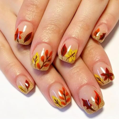 Maple Press on Nails Short Square Fake Nails with Glitter Designs Fall Brown Orange Nails Press ons Glossy Glue on Nails Autumn False Nails Artificial Stick on Nails for Women 24Pcs - color: 2