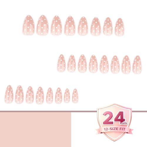 Nude Press On Nails Almond White Polka Dot 24PCS - color: 0092-White Polka Dots
