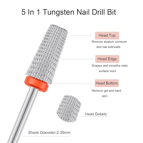 2pcs 5 in 1 Nail Drill Bits, 3/32'' Tungsten Carbide Safety Bits,Two Way Use for Both Left and Right Handed, Fast Remove Cuticle Acrylic Gel Polishing Manicure Pedicure Tools (Sliver) - color: Sliver
