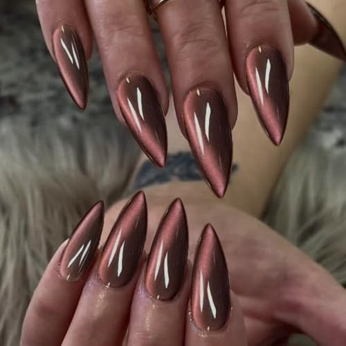 Red Brown Press on Nails Almond Medium Glossy Fake Nails for Women - color: 19- Red Brown