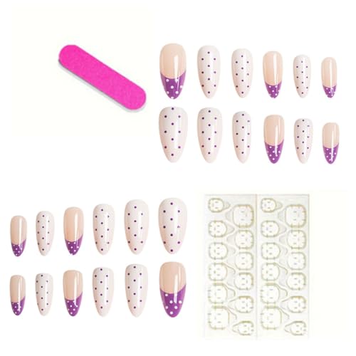Medium Almond Press On Nails Purple French Tip Fake Nails Polka Dots Nails - color: BD-White Purple-8