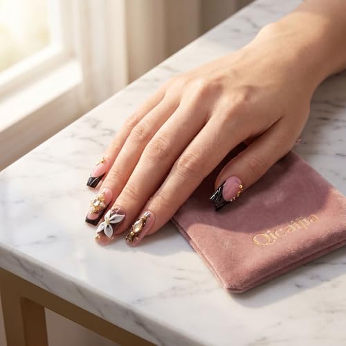 Medium Square Press on Nails, Handmade Black French Tip False Nails with 3D White Flower Rhinestone Design Acrylic Press On Nails Luxury Reusable Stick on Nail for Women 10Pcs (Size M) - color: style9