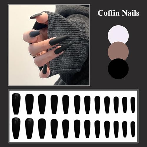 MISUD Press on Nails - Long Coffin Fake Nails with Goth Black, Acrylic Gothic Matte Solid Color Design 24 pcs - color: 019A05-11Black