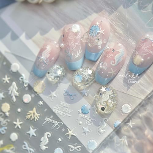 1 Sheet Summer Nail Art Stickers Decals Ocean Theme Nail Decals Seashell Seahorse Starfish Nail Design Summer Sea Theme Nail Supplies Ocean Life Seaweed Nail Accessories for Women Manicure Decoration - style: seashells