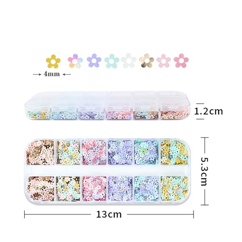 Spring Mini Flower Nail Art Glitter Sequin 12Boxes Cute Colorful Flower Nail Flake Decals 3D Holographic Five-Petaled Flower Nails Glitter Nail Art Supplies for Women Manicure Spring Nail Decorations - color: Five-Petaled Flower