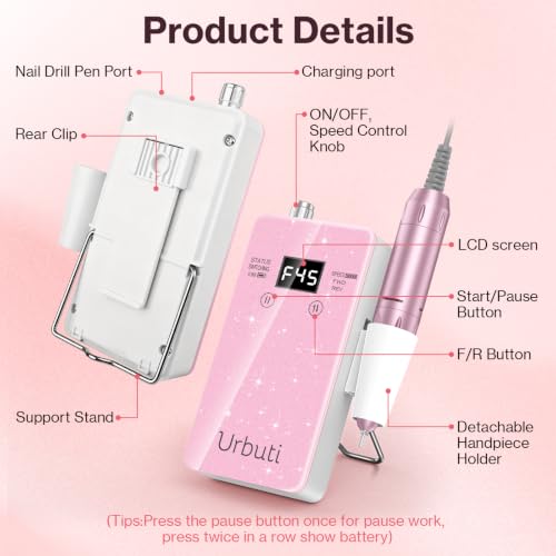 Electric Nail Drill 45000RPM Professional,Glitter Portable E-File Nail Drill Kit for Acrylic & Gel Nails,LCD Display & 4000mAh,Electric Nail File 12 Bits,Manicure Pedicure Kit for Home Salon,Pink - color: Pink