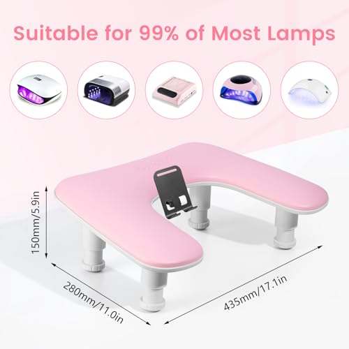 U-Shaped Manicure Arm Rest for Nails Tech with Rotating Phone Stand, Pink - color: 3nd Gen Height-adjustable Rose