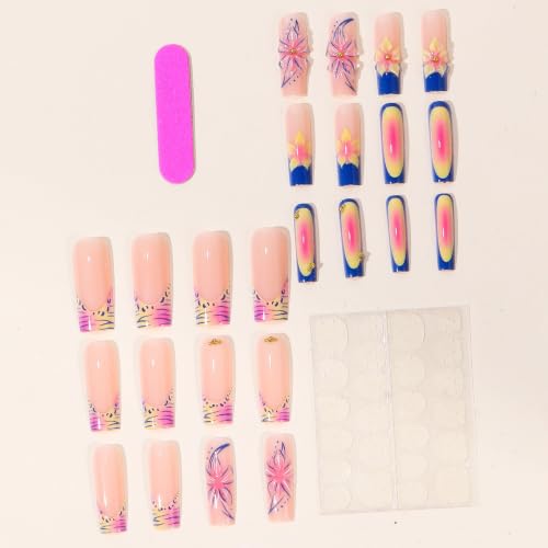 Press on Nails Square Long 24Pcs Acrylic 3D Flower & Gold Beads - color: 34