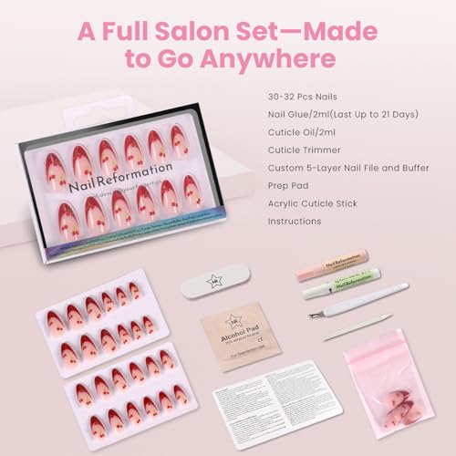Nail Reformation Press On Nails, Cherry | Pink Medium Almond 15 Sizes 30Pcs - color: Cherry Cherry
