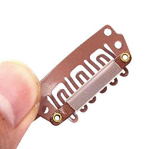 YANTAISIYU 24 pcs/lot Hair Extensions Clips 28mm 6-Teeth U-Shape Snap Metal Wig Clips with Rubber for Hairpiece Hair Extensions (Light Brown) - color: Light Brown, style: 28mm 24pcs U-shape