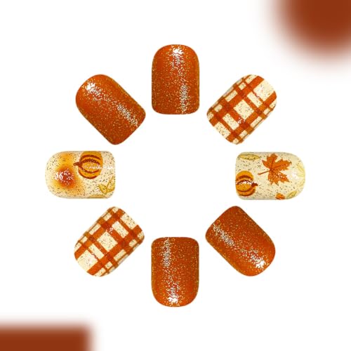 Fall Press On Nails Short Square Fake Nails Brown Glitter With Maple Leaves - color: design-15