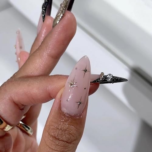 MISUD Press on Nails - Long Stiletto Fake Nails with Black French Tip, Acrylic Gold Chrome Star Design 24 pcs - color: 06103-01-06Black