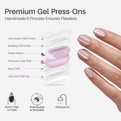 SHANGMENG Press on Nails, Almond Short Nude Cat Eye Fake Nails, Soft Gel - color: Champagne Veil