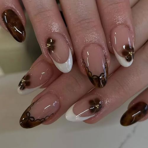 MISUD Press on Nails - Medium Almond Fake Nails with Brown French Tip, Acrylic Flower Tortoise Shell Design 24 pcs - color: 11225Brown