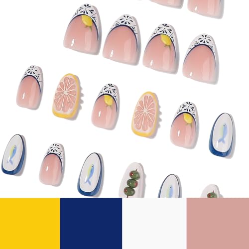 Summer Nails Press ons - Short Almond, Blue Tile, Fish, Lemon - color: Color-13