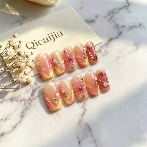 Medium Square Handmade Press on Nails - Ombre French Tip Fake Nails with Gold Starfish & 3D Floral Designs False Nails Reusable Acrylic Stick on Nails for Women 10Pcs (Size M) - color: style2