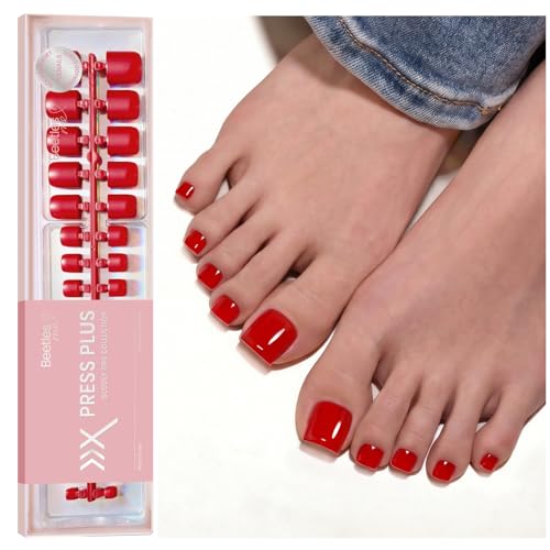 Beetles Red Press On Toenails - Cherry Rouge, Short Square 150 Pcs - color: 3 - Red Solid - Short