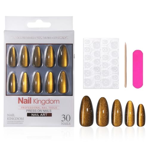 Gold Cat Eye Press on Nails Medium Almond Glitter Yellow Fake Nails 30 Pcs - color: Style-15