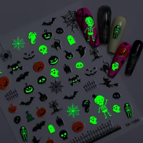 Glow in the Dark Halloween Nail Art Sticker Pumpkin Spider Web Nail Sticker 6Pcs 3D Self-Adhesive Pumpkin Bat Ghost Bone Nails Decals Cat Nail Supplies Accessories for Halloween Manicure Decoration - color: Glowing Ghost
