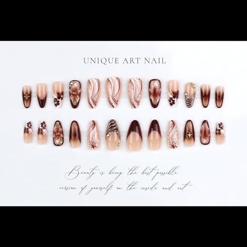 Press on Nails Medium Almond, Embossed Flower Acrylic Fake Nails, Brown French Beads 3D Floral Texture Artificial, Reusable Full Cover Glue on Nails, Stick on Nails for Women - color: Color 07
