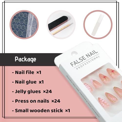Nude French Tip Press on Nails Almond Medium 3D Flower Fake Nails - color: 14-Pink