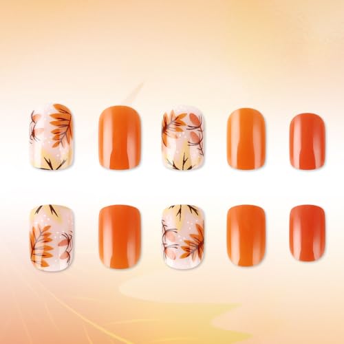 Fall Press on Nails Short Square Nails Fake Nails with Maple Glitter Designs Autumn Nails Press ons Orange Glue on Nails Full Cover False Nails Glossy Stick on Nails for Women 24Pcs - color: 11