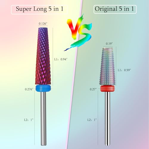 Super Long 5 in 1 Nail Drill Bits, Professional 3/32'' Carbide Tungsten Two Way Rotary Nail Cleaner Nail Bits, Suitable for Manicure Pedicure Cuticle Gel Polishing Acrylic Nails (Purple, Medium-M) - color: Purple, size: Medium-M