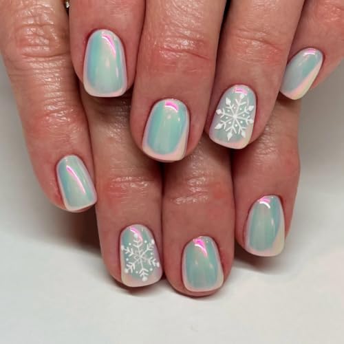 24Pcs Press on Nails Short Square Fake Nails Chrome Snowflake Designs - color: 24