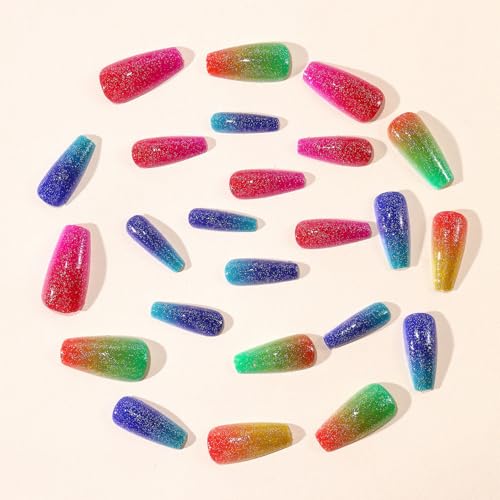 24pcs Long Coffin Press on Nail Colorful Fake Nails with designs Acrylic Press ones Glitter Gradient Stick on Nail Full Cover Reusable Glue on Nails for Women Summer Manicure - color: flower39