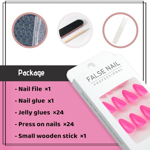 Hot Pink Acrylic Press on Nails Almond Shaped Medium Fake Nails - color: 15-Hot Pink