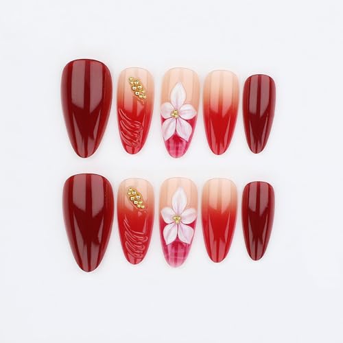 RUOKEXIN Almond Press on Nails French Tip Fake Nails Orange Ombre False Nails with 3D Flower Designs Medium Nail Press ons Sparkly Artificial Nails for Women 24Pcs - color: Almond Style 11-15