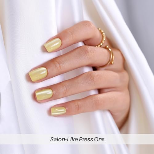 SHANGMENG Press on Nails, Square Short Pastel Yellow Cat Eye Fake Nails - color: Butter Cream