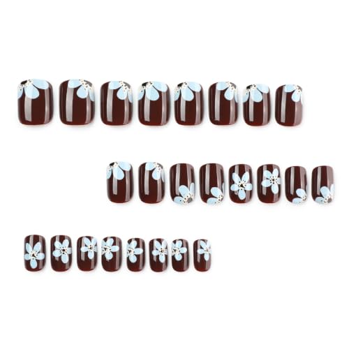 Dark Red Press on Nails Short Square Fake Nails Blue Flower False Nails - color: Style33