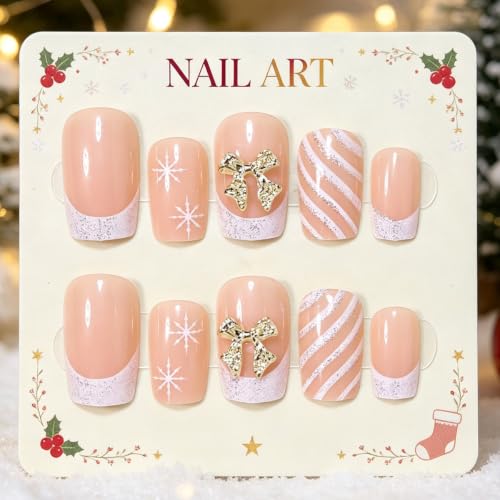 French Tip Press on Nails Short Square Flower Design - color: Pink White-24