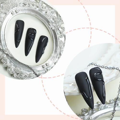 MISUD Press on Nails - Long Stiletto Glue on Nails with Goth Black, Acrylic Gothic Snake Design 24 pcs - color: 06121Black