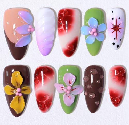 Buleens 100% Handmade Acrylic Press On Nails Medium Almond 10PCS Size S - color: Colorful Flower, size: S