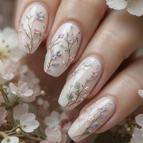 24Pcs Flower Press on Nail Long Coffin Fake Nails with designs 3D Floral Stick on Nail Glossy Milky White Press ones Full Cover Reusable Spring Glue on Nails Summer False Nails for Women - color: s37