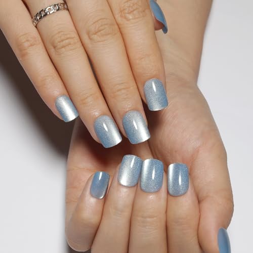 Light Blue Press On Nails Square – Short Cat Eye Fake Nails 30PCS - color: M02-Aurora Mist