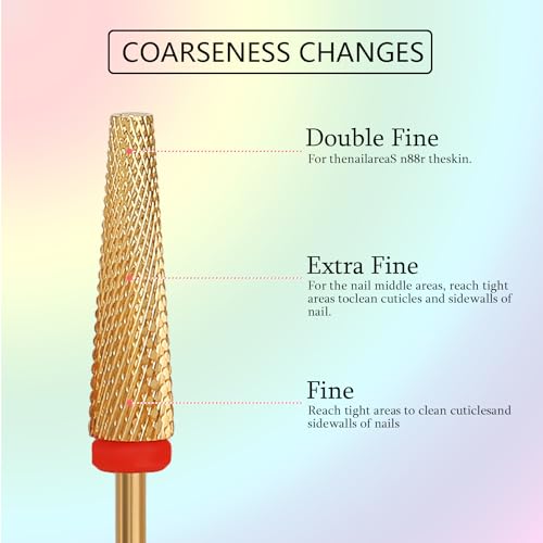 Super Long 5 in 1 Nail Drill Bits, Professional 3/32'' Carbide Tungsten Two Way Rotary Advanced Safety Bits, Fast Remove for Manicure Pedicure Cuticle Acrylic Nails (Gold, Fine-F) - color: Gold, size: Fine-F