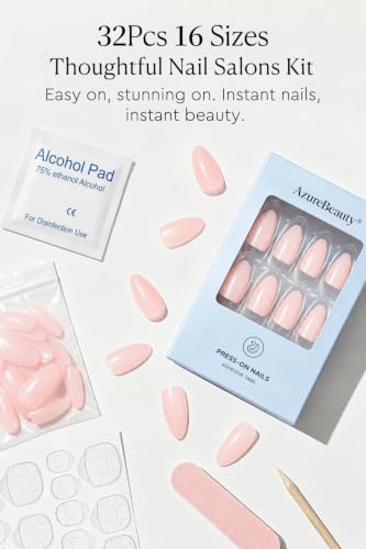 AzureBeauty Short Almond Press On Nails, Milky Pink, 32 Pcs 16 Sizes - color: A-Milky Pink