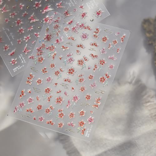 1 Sheet 5D Embossed Flower Nail Art Stickers Self-Adhesive Spring Summer Cherry Blossom Nail Decals Floral Nail Art Stickers Cherry Blossoms Nails Supplies Shiny Ombre Floral Nails Art Decoration - style: gradient peach blossom