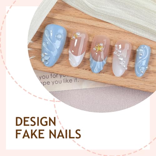 30Pcs Summer Ocean Press on Nails Medium Almond Fake Nails with 3D Pearl Starfish Waves Designs Blue French Tip Acrylic Nail Summer Nails Press On Reusable Glue on Nails for Women Manicure