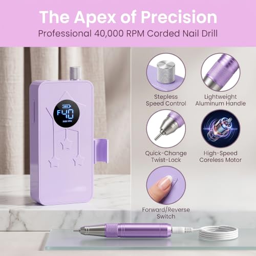 Corded Hollow Cup Nail Drill,40000RPM Quiet Professional E File - color: Purple