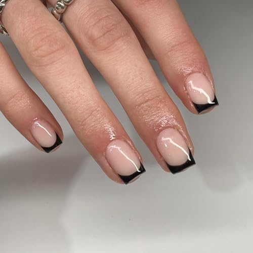 30Pcs Black French Tip Press on Nails Short Square Nails Press ons, Short Fake Nails Coffin Acrylic French Glue on Nail False for Women, Natural15 Sizes - color: square black