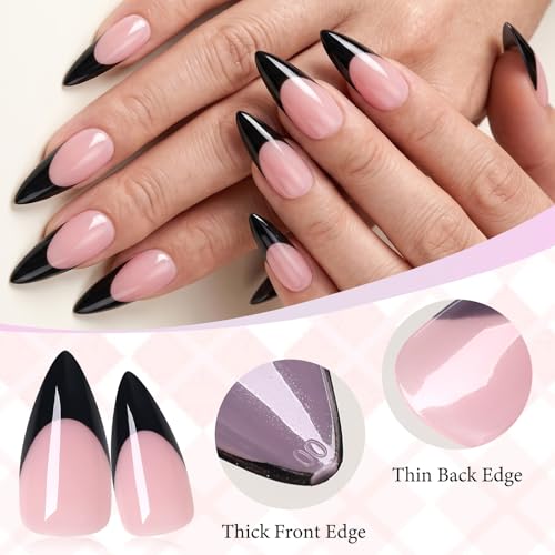 Black French Tip Press on Nails,Long Stiletto Nails,Berry Pink - color: Black French Tips in Berry Pink Base
